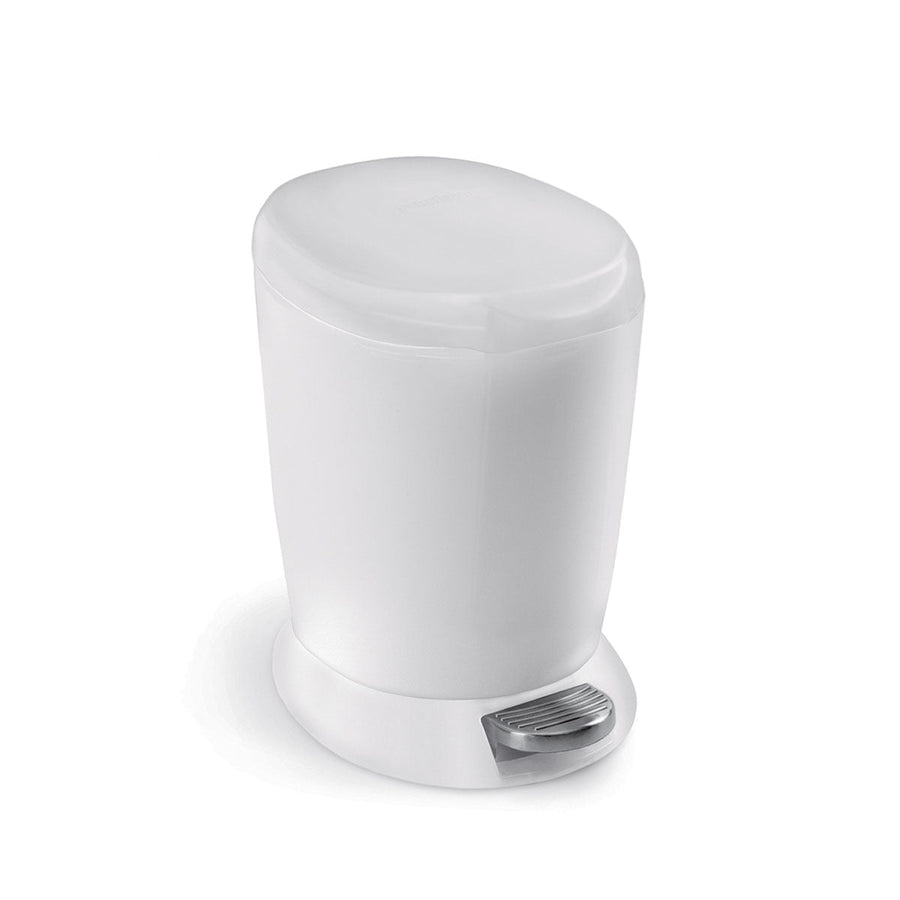 Angled view of the Simplehuman White 6L Round Plastic Step Can with metal foot pedal.