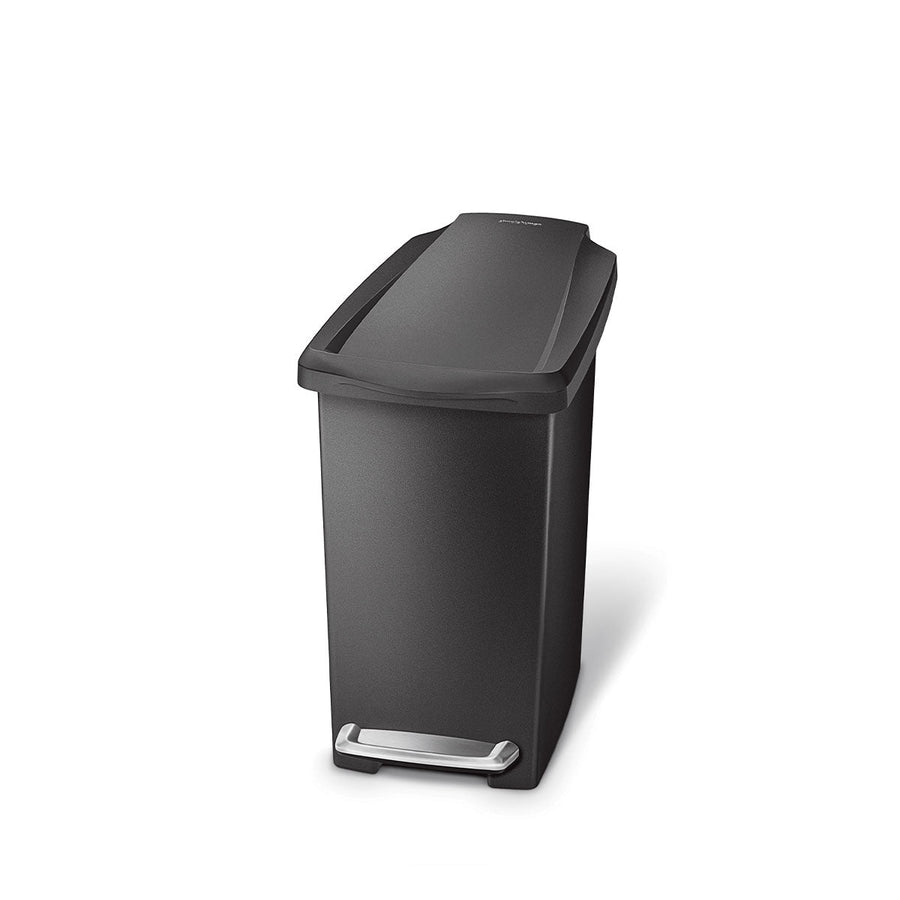 Simplehuman Angled view of 10L Slim Plastic Step Can in Black, hands-free foot pedal, space-saving.