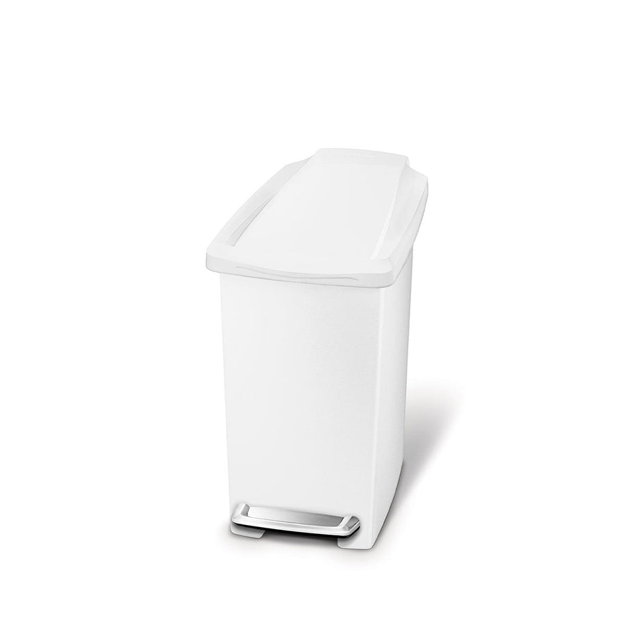 Simplehuman White 10L Slim Plastic Step Can, hands-free step pedal, space-saving design.