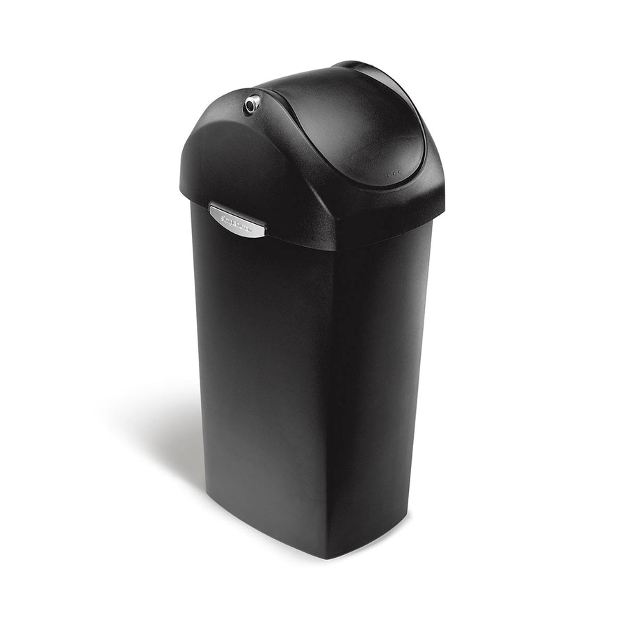 Simplehuman 60L Swing Lid Can in Black Plastic, hands-free, high-capacity design.