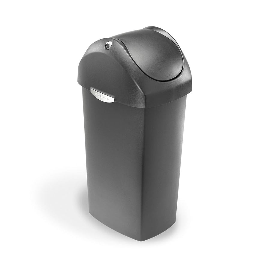 Angled view of Simplehuman 60L Swing Lid Can in Black Plastic, high-capacity, hands-free access.