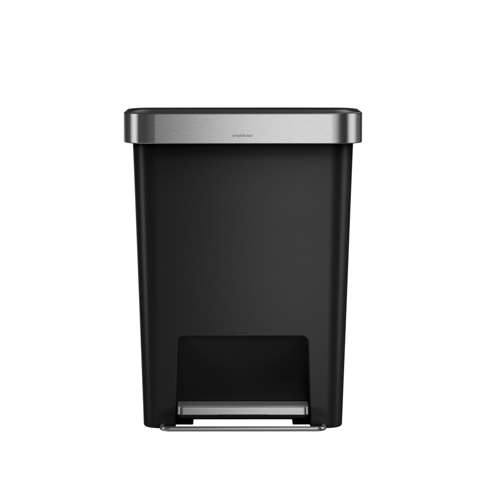 Simplehuman 45L Hybrid Rectangular Step Can, Matte Black/Brushed Stainless Steel, hands-free operation.