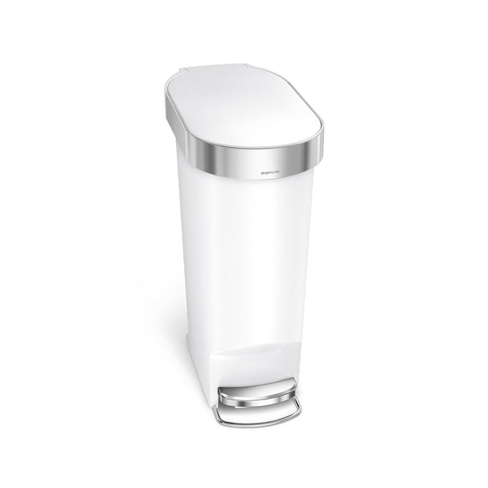 Simplehuman 40L Slim Step Can, White Plastic with Stainless Steel rim, hands-free pedal.