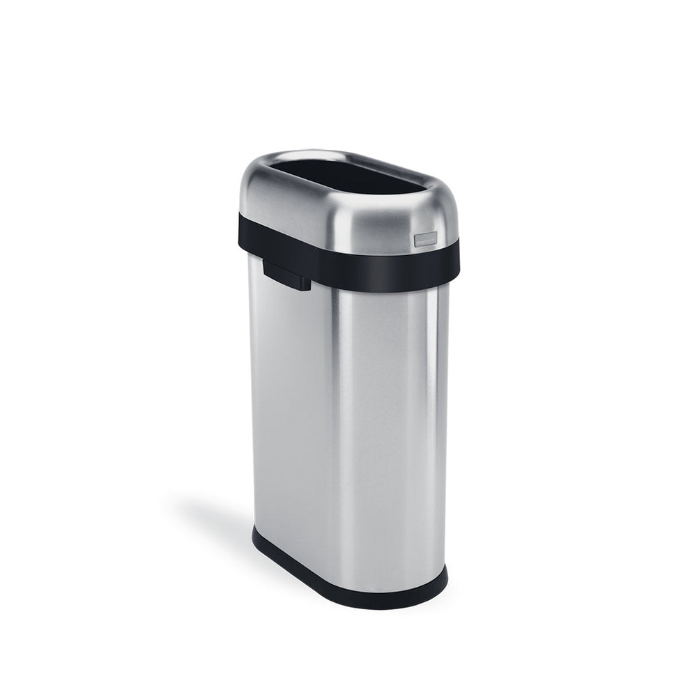 Angled view of Simplehuman 50L Slim Open Can, Brushed Stainless Steel, high-capacity and space-saving.