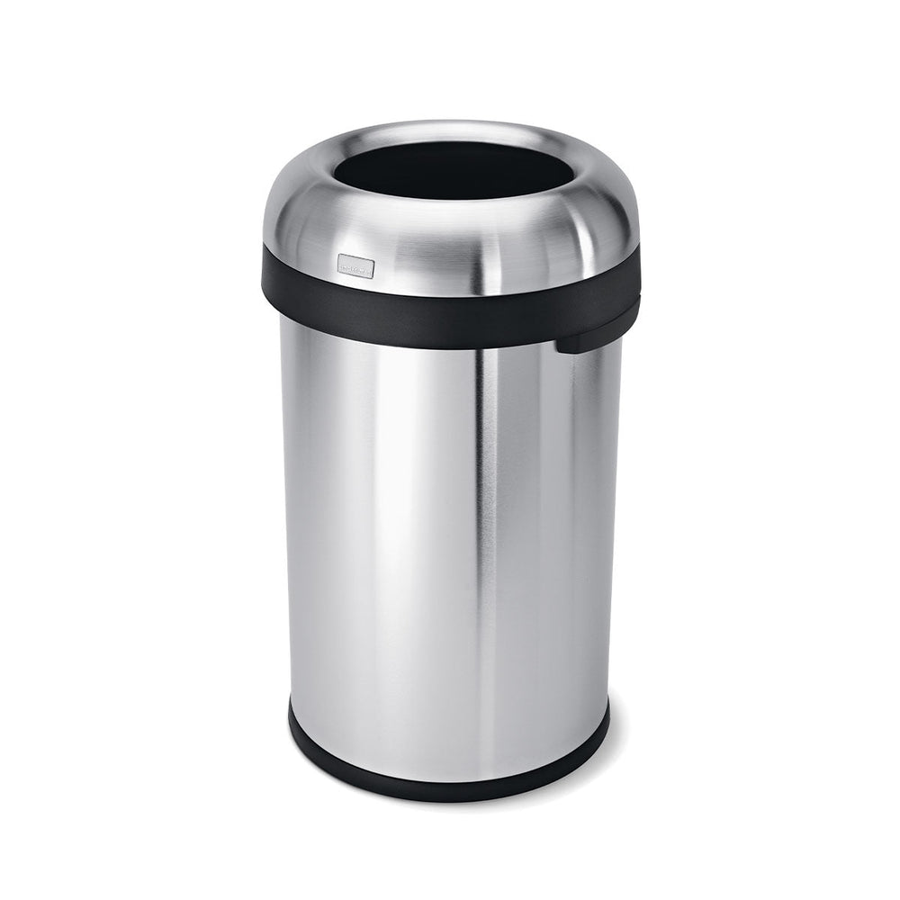Straight-on view of Simplehuman Brushed Stainless Steel Bullet Open Can, hands-free commercial trash receptacle.