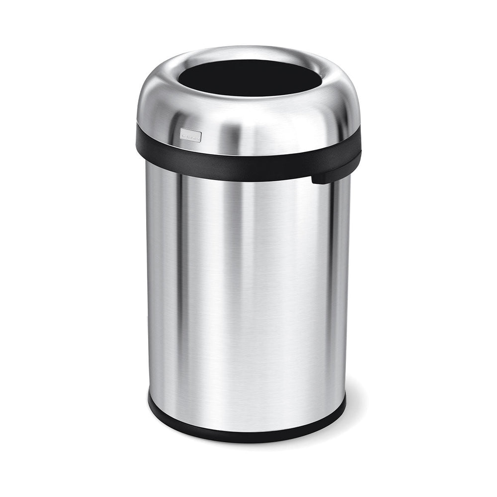 Angled view of Simplehuman Brushed Stainless Steel Bullet Open Can, open top for hands-free disposal.