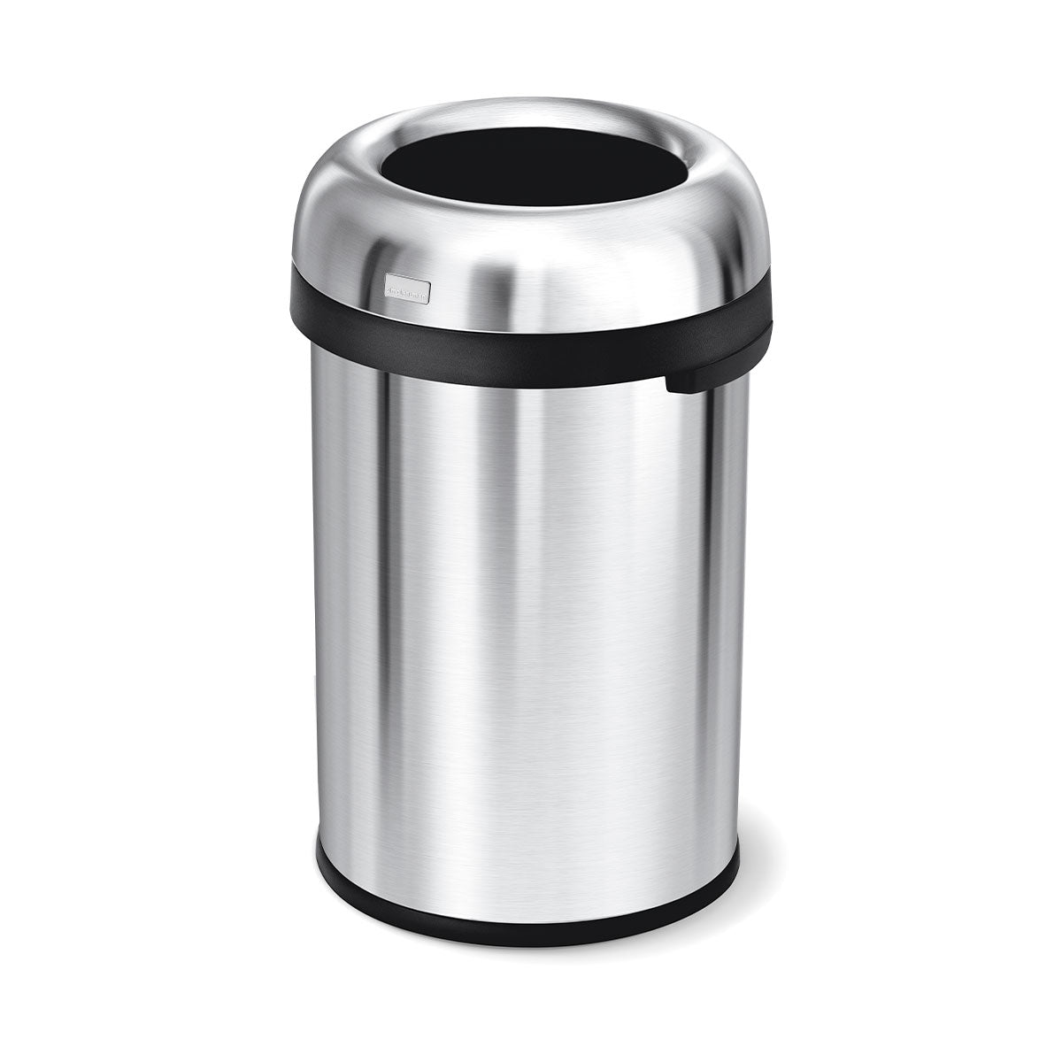 Angled view of Simplehuman Brushed Stainless Steel Bullet Open Can, open top for hands-free disposal.