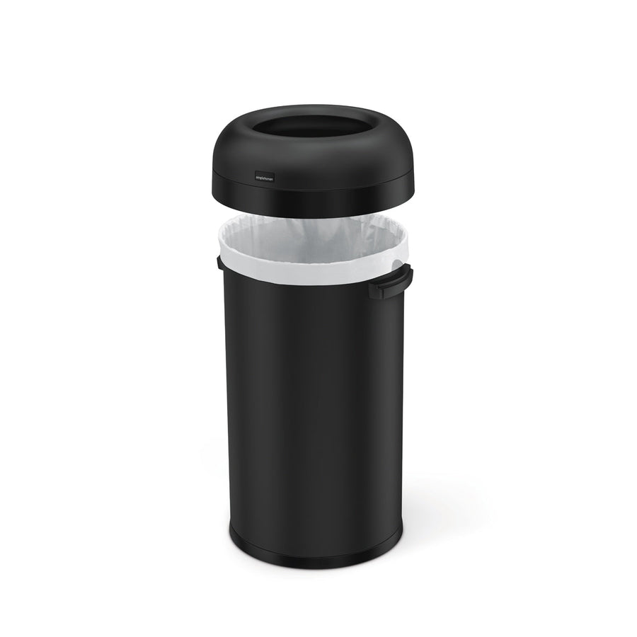 Detail view of Simplehuman 60L Bullet Open Can, Matte Black, showing removable lid for easy liner changes.