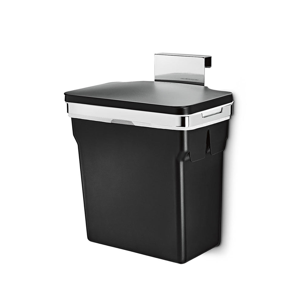 Simplehuman Matte Black Under Counter Pull-Out Can with Polished Stainless Steel handle, space-saving cabinet installation.