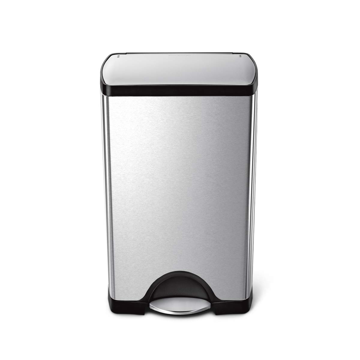 Front view of Simplehuman Rectangular Classic Step Can in Brushed Stainless Steel with hands-free pedal.