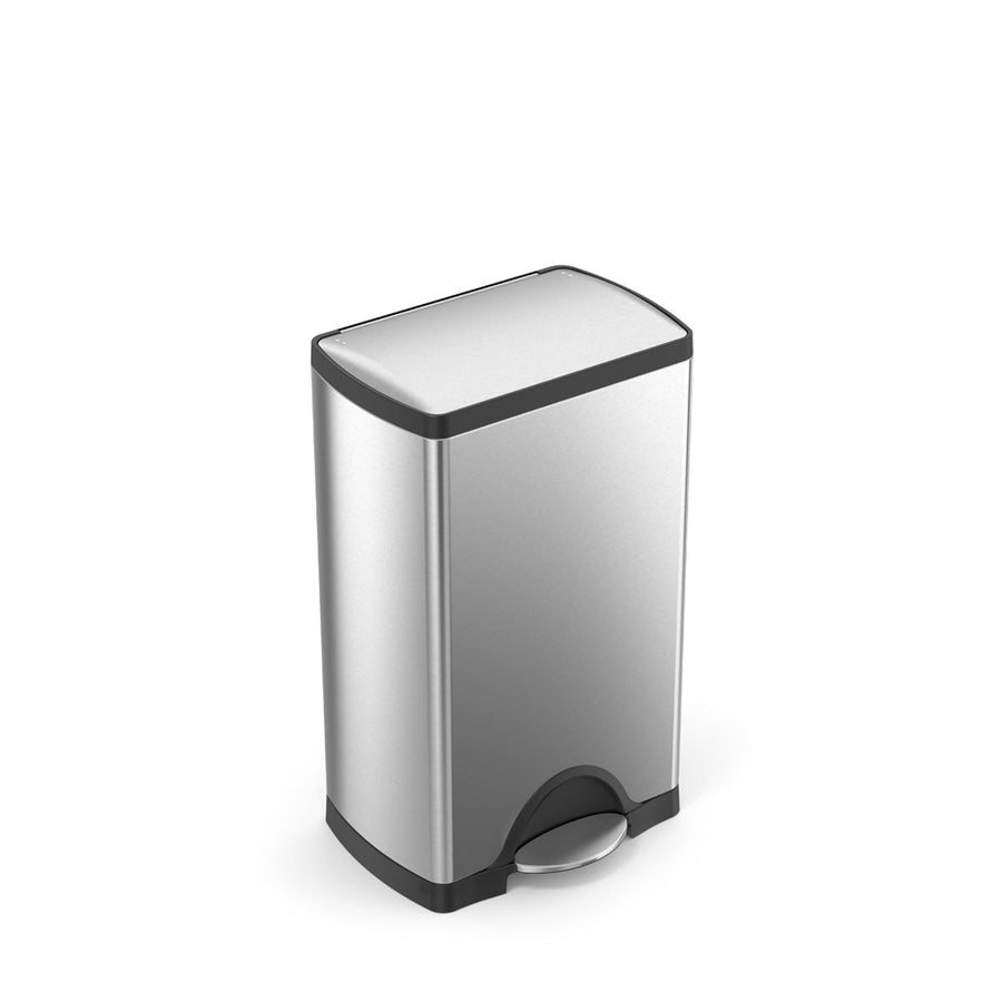 High angle view of Simplehuman 38L Step Can, Brushed Stainless Steel, hands-free operation.