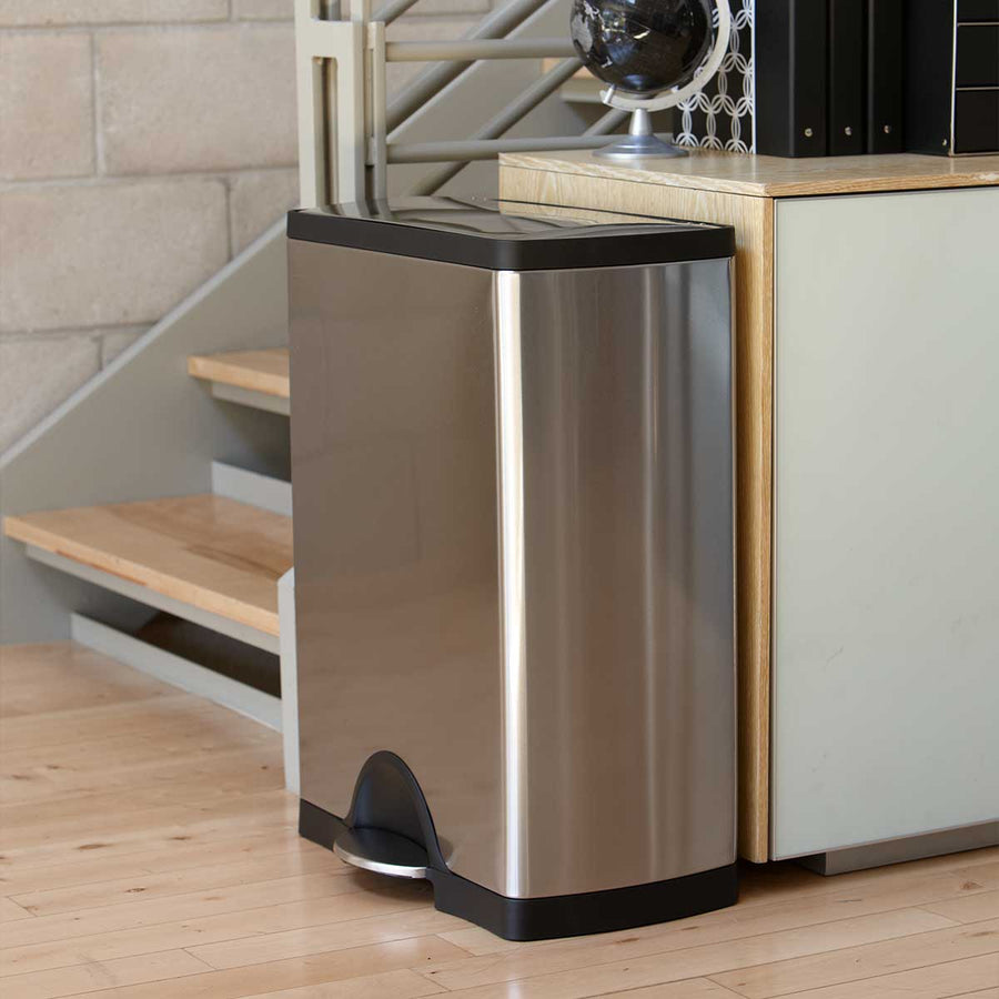 Simplehuman Brushed Stainless Steel 50L Rectangular Step Can, space-saving design in modern office, hands-free pedal