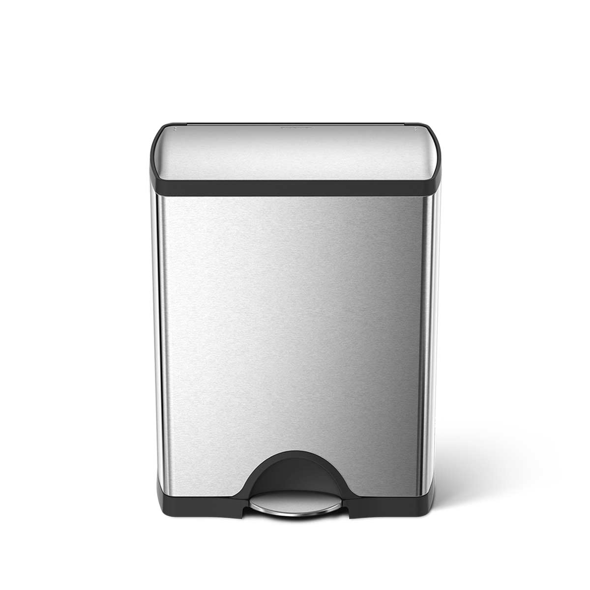 Straight on view of Simplehuman Rectangular Classic Step Can in Brushed Stainless Steel, hands-free pedal.