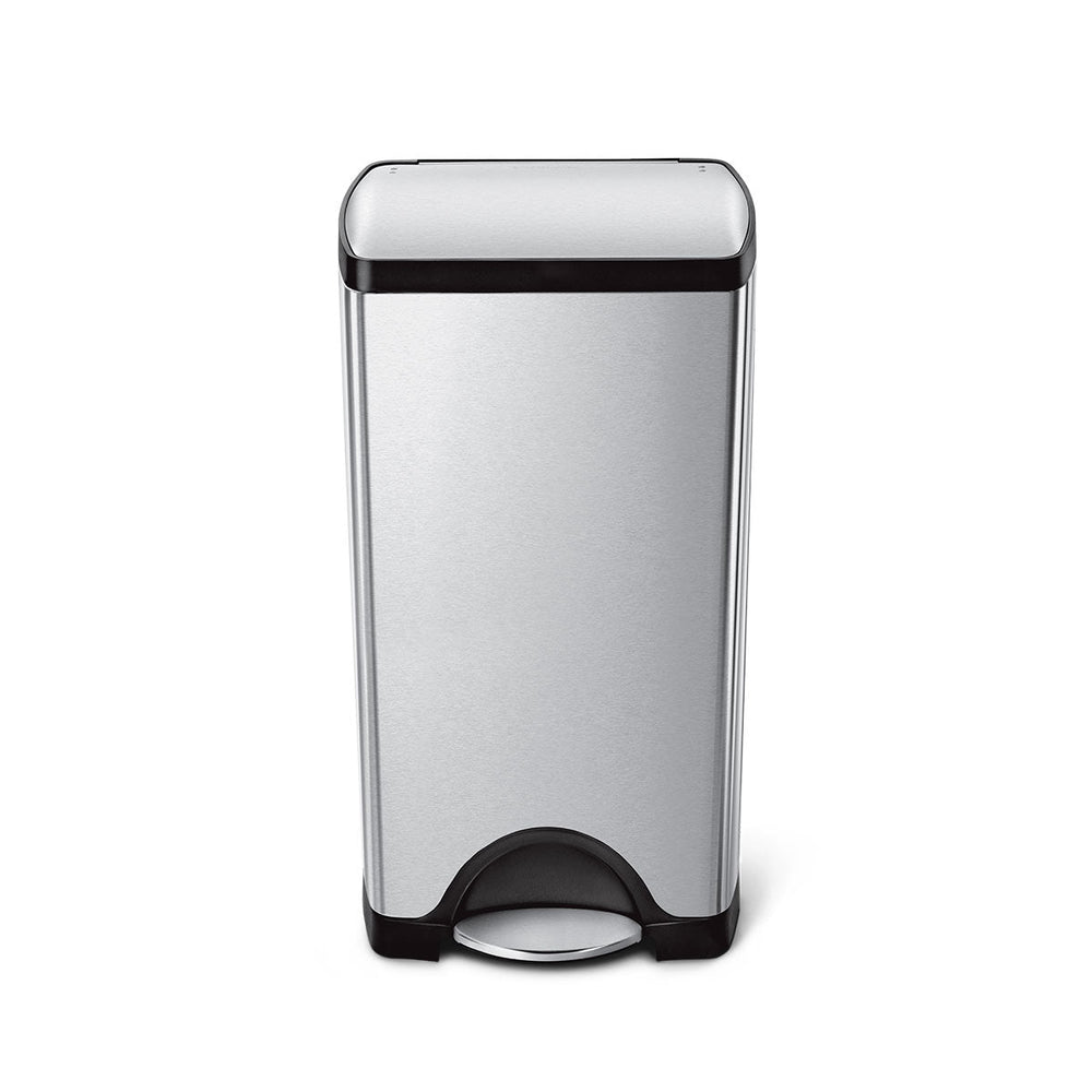 Simplehuman Rectangular Classic Step Can in Brushed Stainless Steel with hands-free foot pedal.