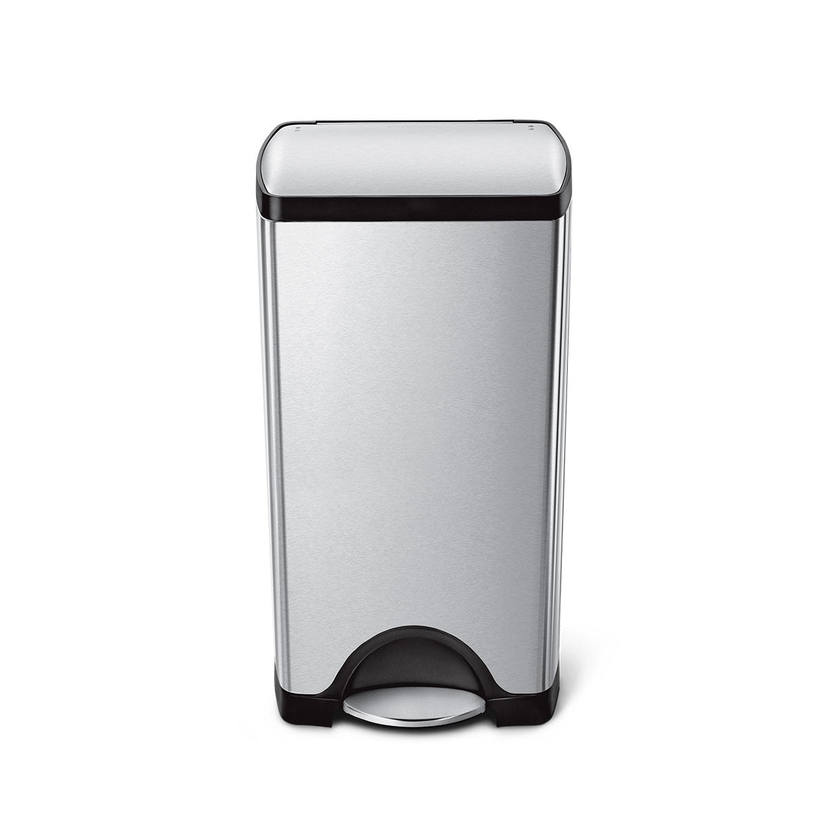 Simplehuman Rectangular Classic Step Can in Brushed Stainless Steel with hands-free foot pedal.