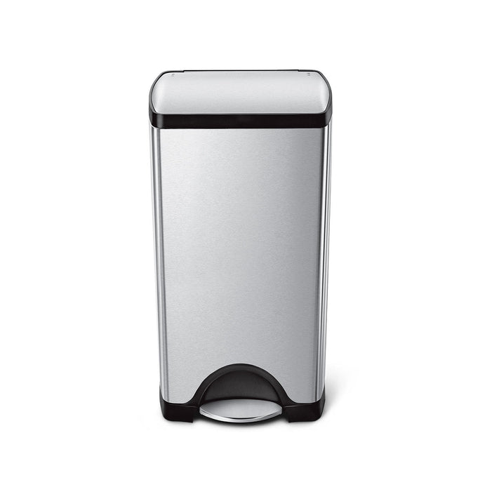 Simplehuman Rectangular Classic Step Can in Brushed Stainless Steel with hands-free foot pedal.
