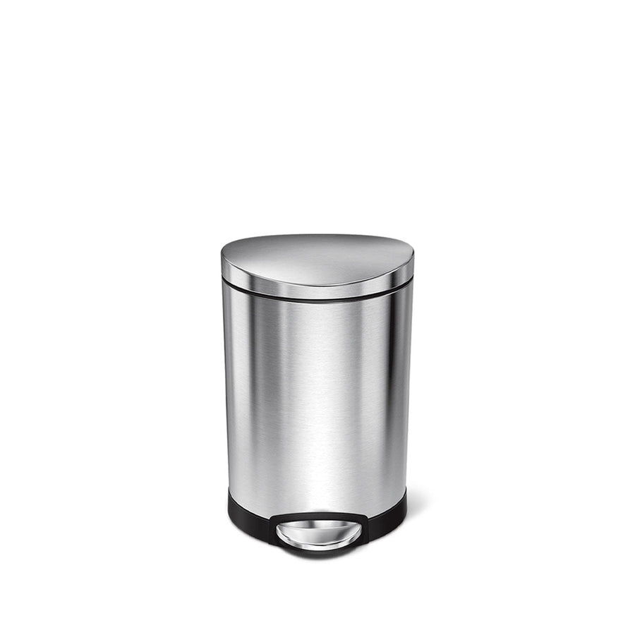 Front view of Simplehuman 6L Semi-Round Step Can, Brushed Stainless Steel, hands-free step pedal for small spaces.