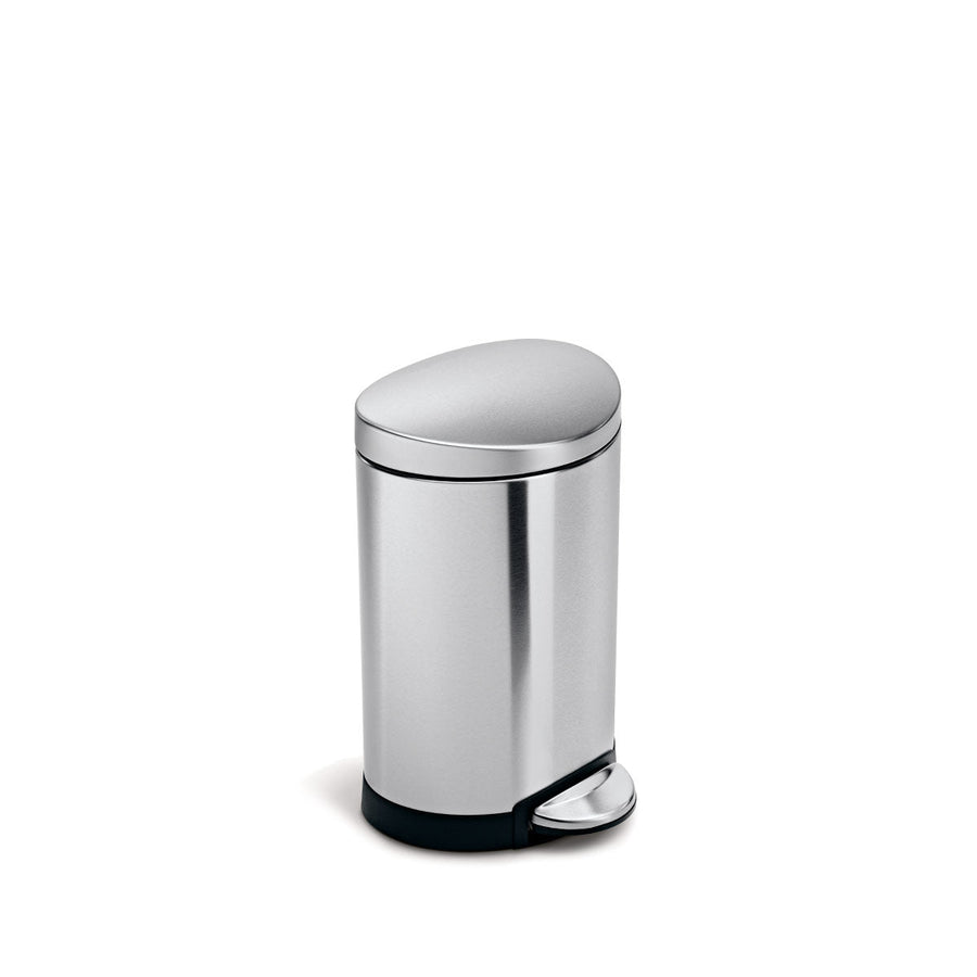 Simplehuman 6L Semi-Round Step Can in Brushed Stainless Steel with hands-free step pedal.
