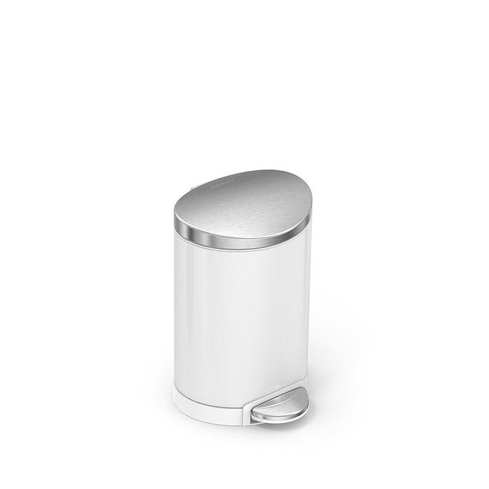 Angled view of Simplehuman 6L Semi-Round Step Can, White/Brushed Stainless Steel, hands-free pedal.