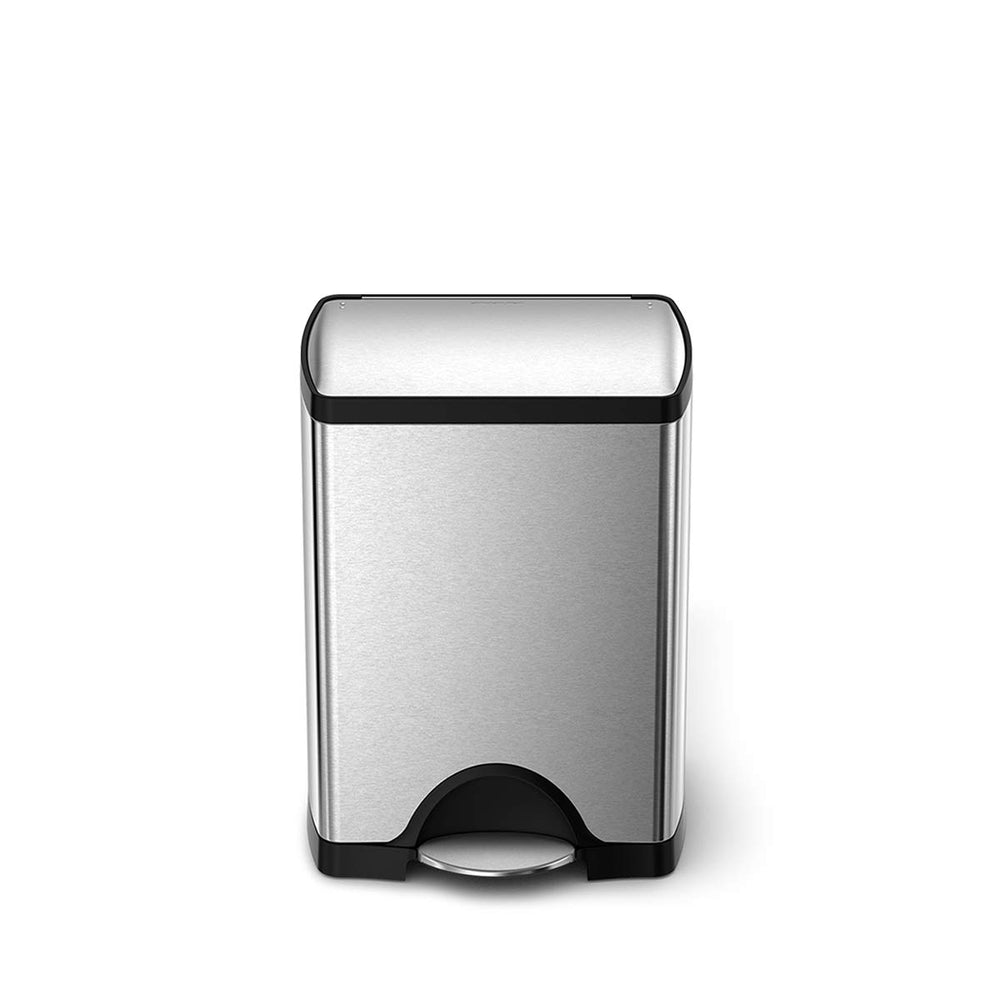 Simplehuman 30L Rectangular Step Can in Brushed Stainless Steel with hands-free foot pedal operation.