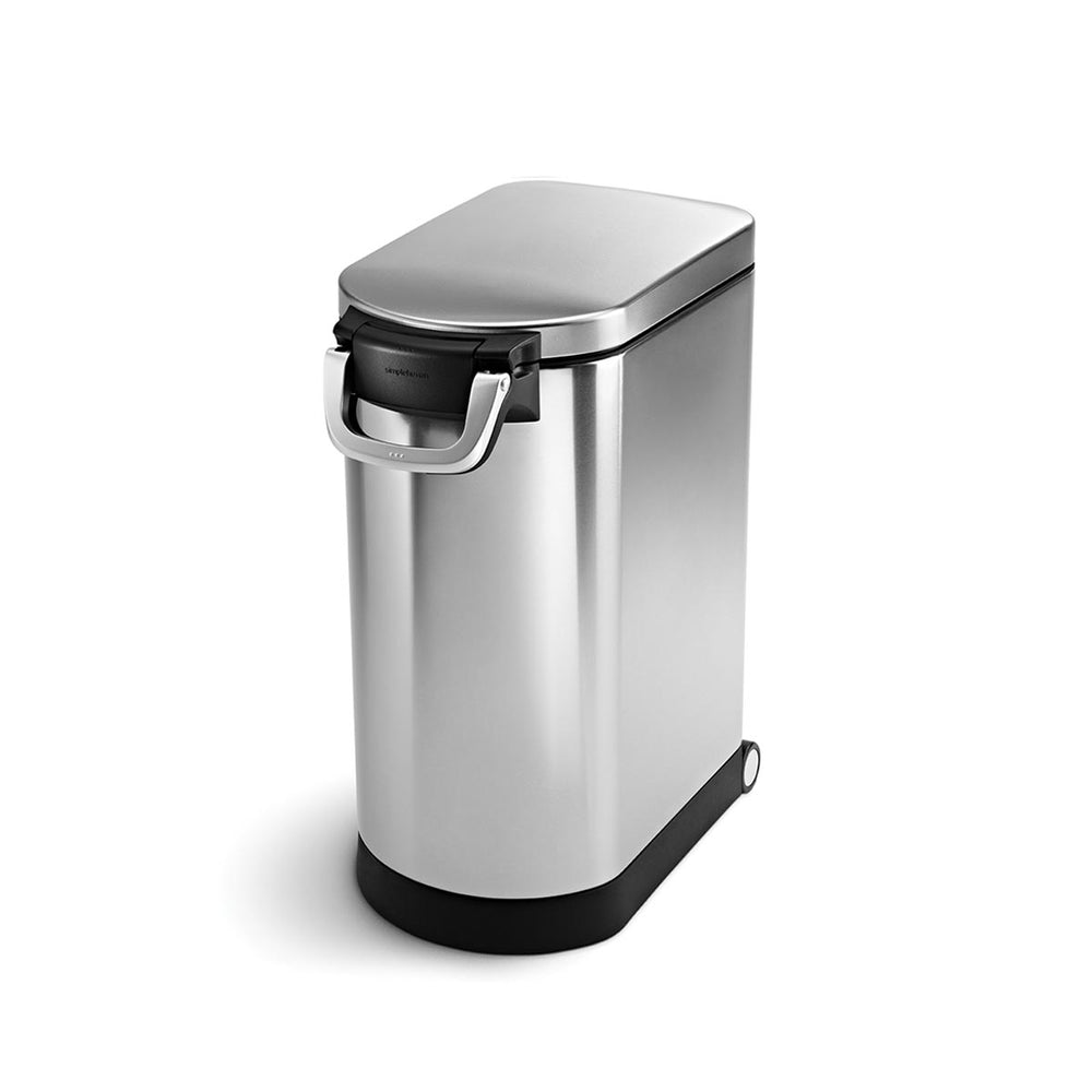 Angled view of Simplehuman Large Pet Food Can in Brushed Stainless Steel with secure latch and functional wheels.