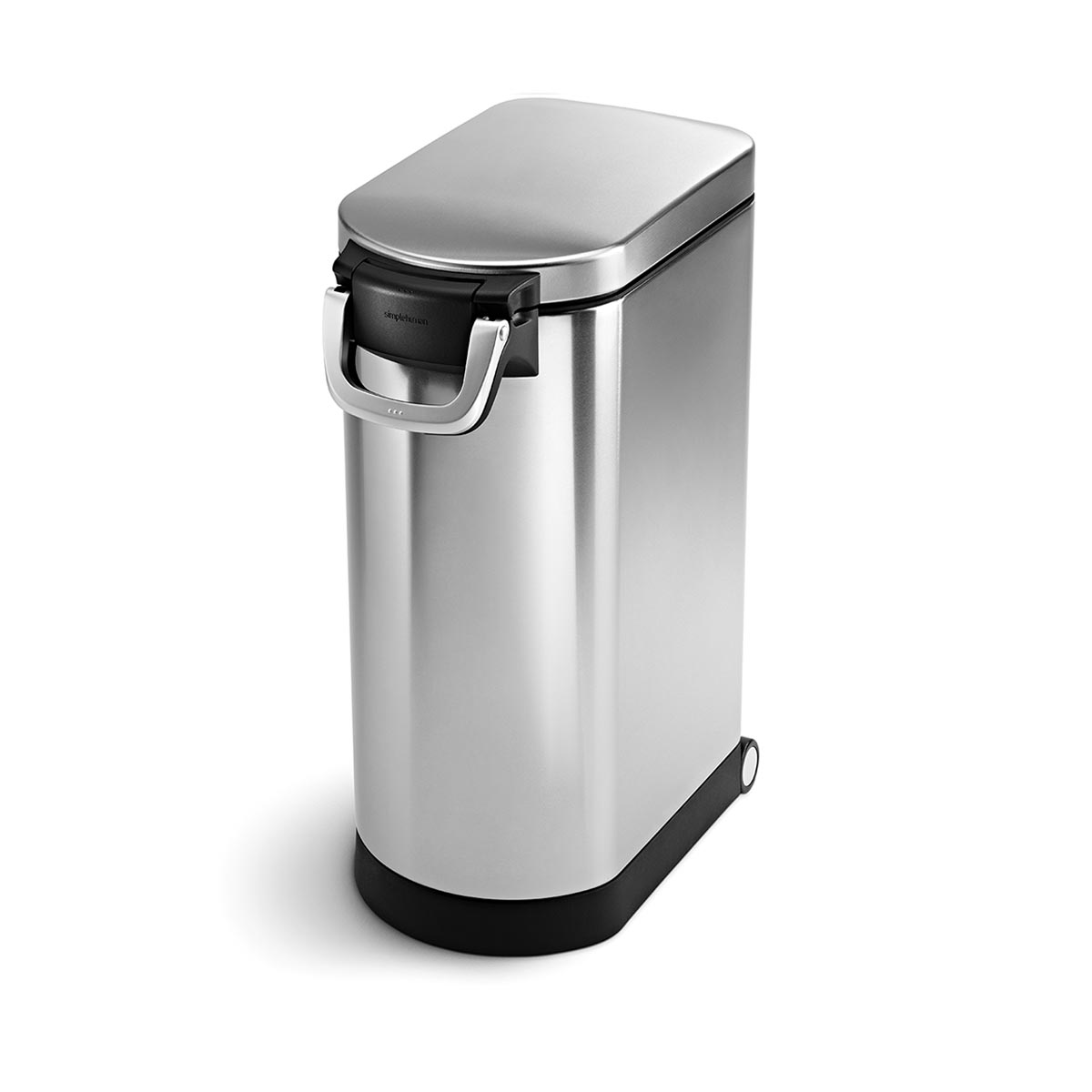 Angled view of Simplehuman X-Large Pet Food Can, Brushed Stainless Steel, locking handle for airtight seal and mobility wheels.