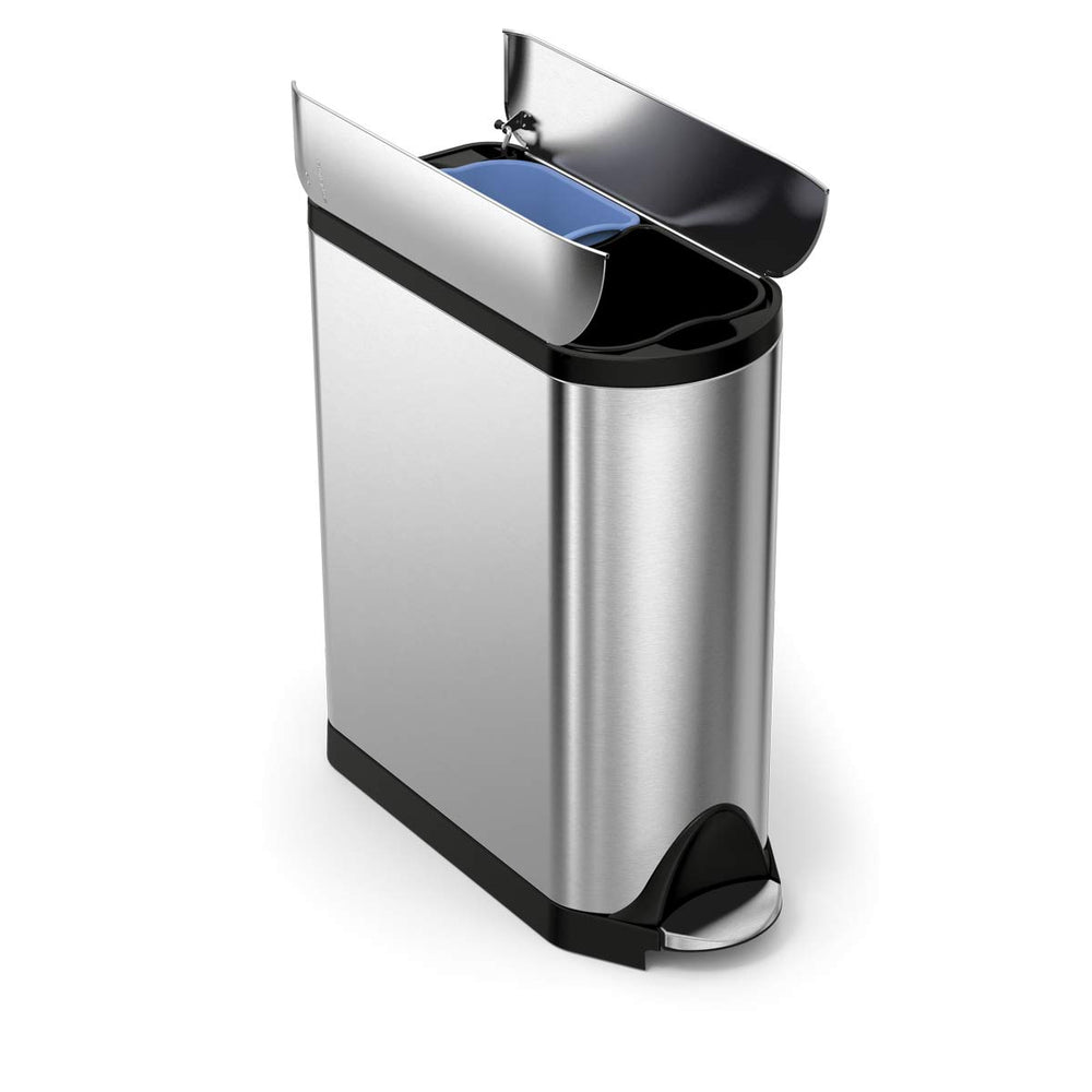 Simplehuman Brushed Stainless Steel Butterfly Step Can, open view of divided lid mechanism and foot pedal.