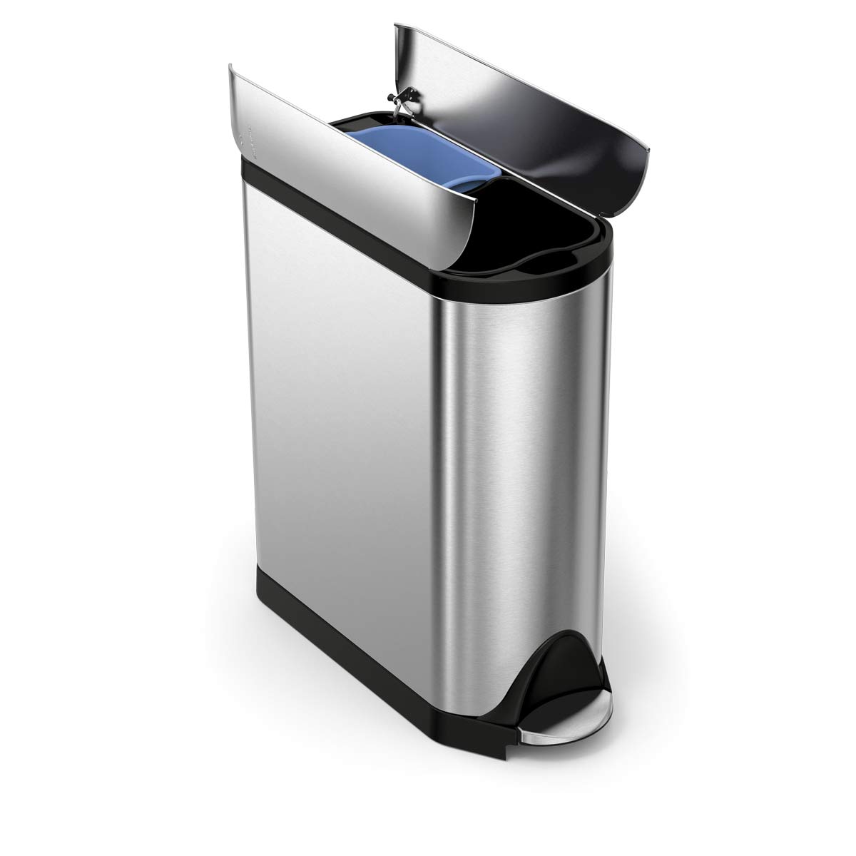 Simplehuman Brushed Stainless Steel Butterfly Step Can, open view of divided lid mechanism and foot pedal.