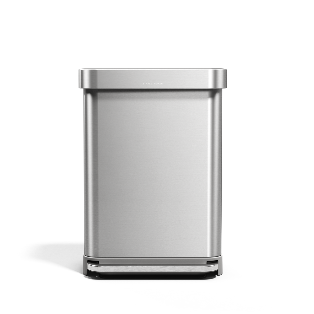 Simplehuman Brushed Stainless Steel Rectangular Step Can, straight-on view, hands-free operation.