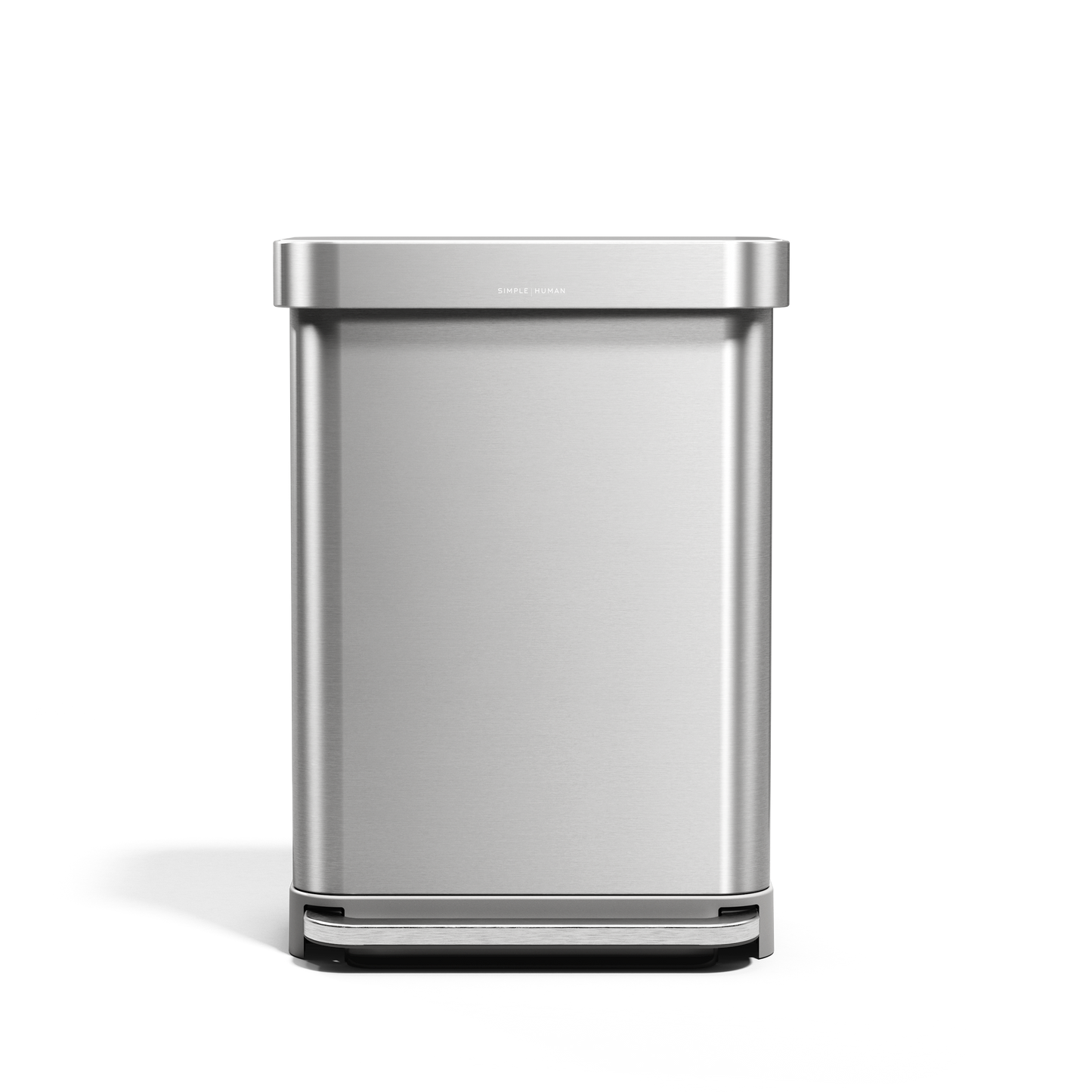 Simplehuman Brushed Stainless Steel Rectangular Step Can, straight-on view, hands-free operation.