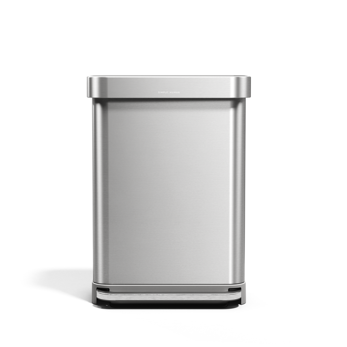 Simplehuman Brushed Stainless Steel Rectangular Step Can, straight-on view, hands-free operation.