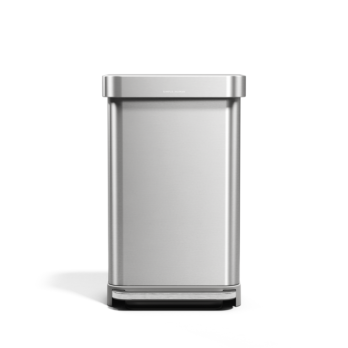 Simplehuman Rectangular Step Can, Brushed Stainless Steel, front view showing hands-free foot pedal.