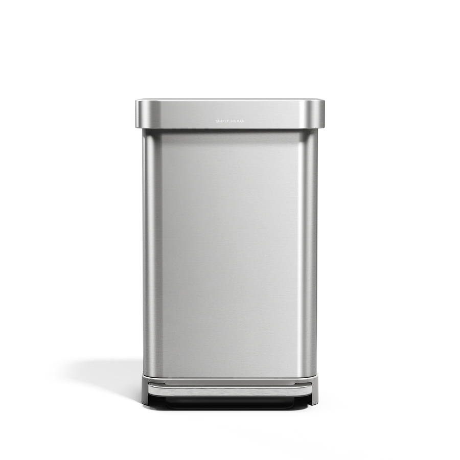 Simplehuman 45L Rectangular Step Can, Brushed Stainless Steel, hands-free pedal and internal liner pocket.