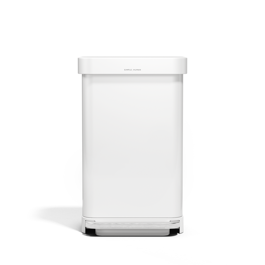 Front view of Simplehuman 45L White Step Can, hands-free pedal, liner pocket.