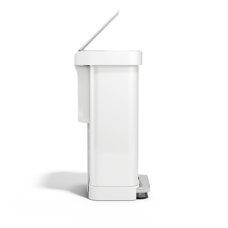 Strict side view of Simplehuman 45L White Step Can with lid open, hands-free step pedal.