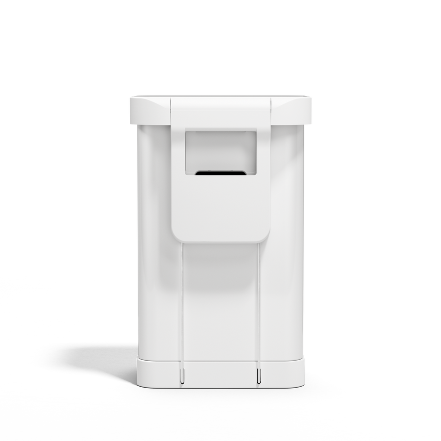 Back view of Simplehuman 45L White Rectangular Step Can showing the integrated handle.