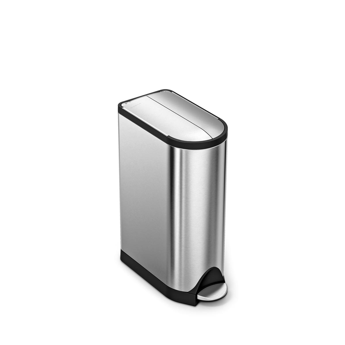 Angled view of Simplehuman Brushed Stainless Steel Butterfly Step Can, slim profile, hands-free foot pedal.