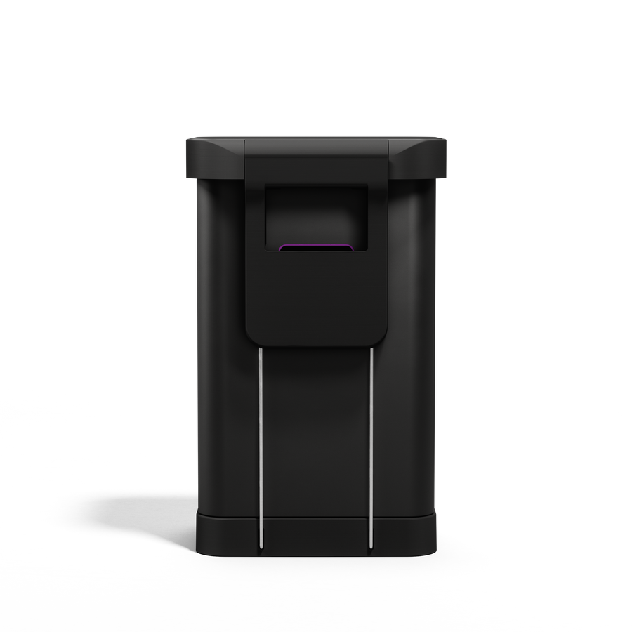 Close-up of Simplehuman 45L Matte Black Step Can liner pocket dispenser slot, easy-dispense design.