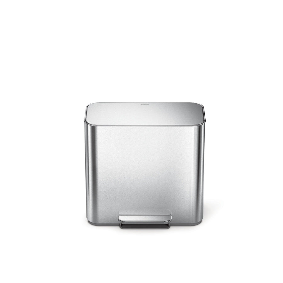 Simplehuman 15L Mini Recycler Step Can, Polished Stainless Steel, Angled view, hands-free operation.
