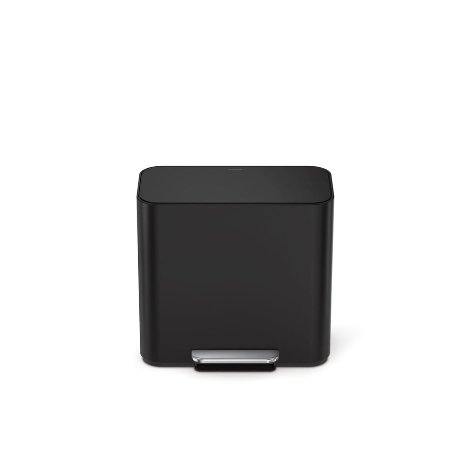 Front view of Simplehuman 15L Mini Recycler Step Can in Matte Black, compact hands-free recycling bin.