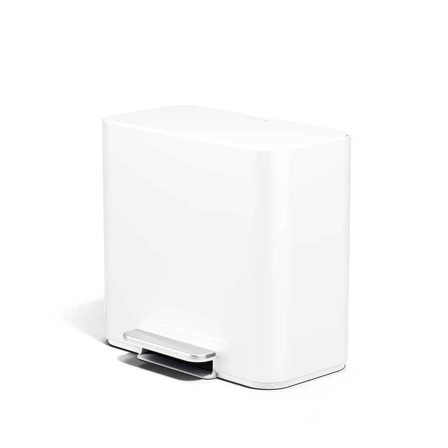 Simplehuman 16L White Mini Step Can with pedal, side angle.
