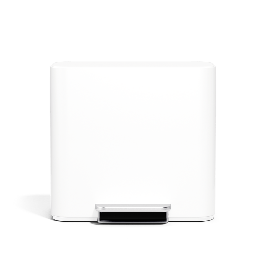 Simplehuman 16L White Mini Step Can with pedal, front angle.