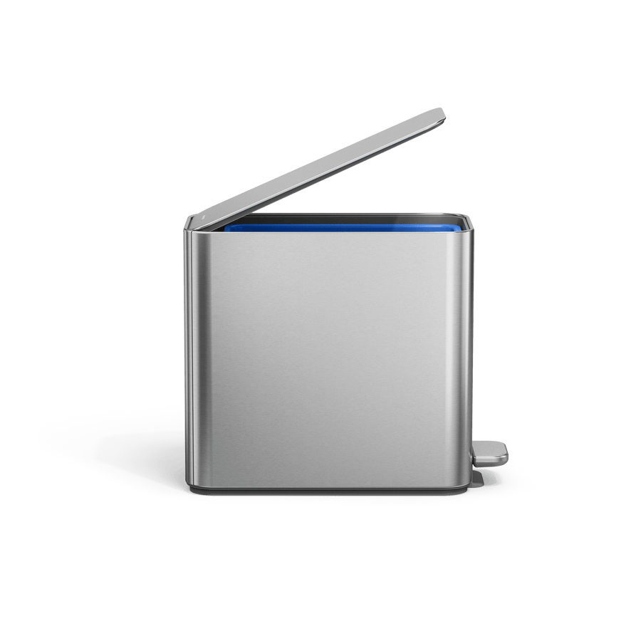 Simplehuman's 9L Slim Step Can in Brushed side view with the lid open. 