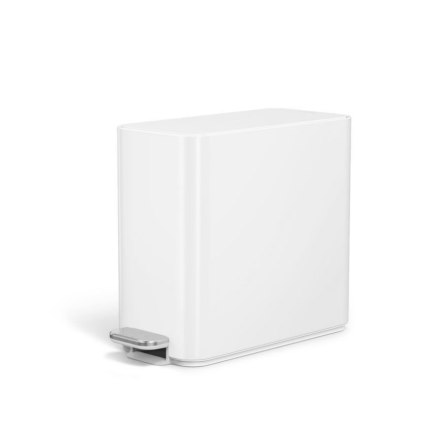 Simplehuman's 9L Slim Step Can in White, angled view. 
