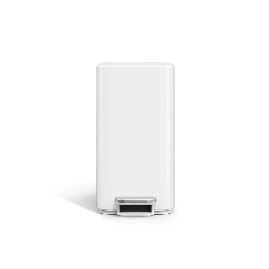 Simplehuman's 9L Slim Step Can in White, front view. 