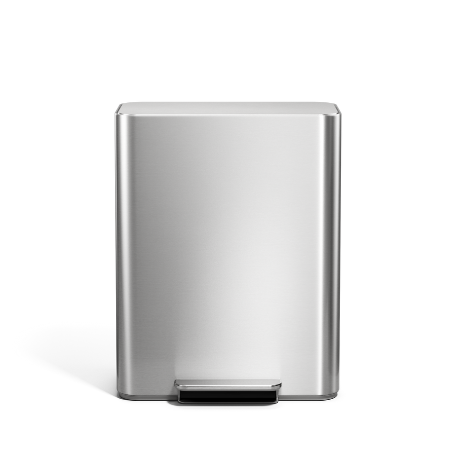 Simplehuman's Brushed 30L Step Recycler, front view. 