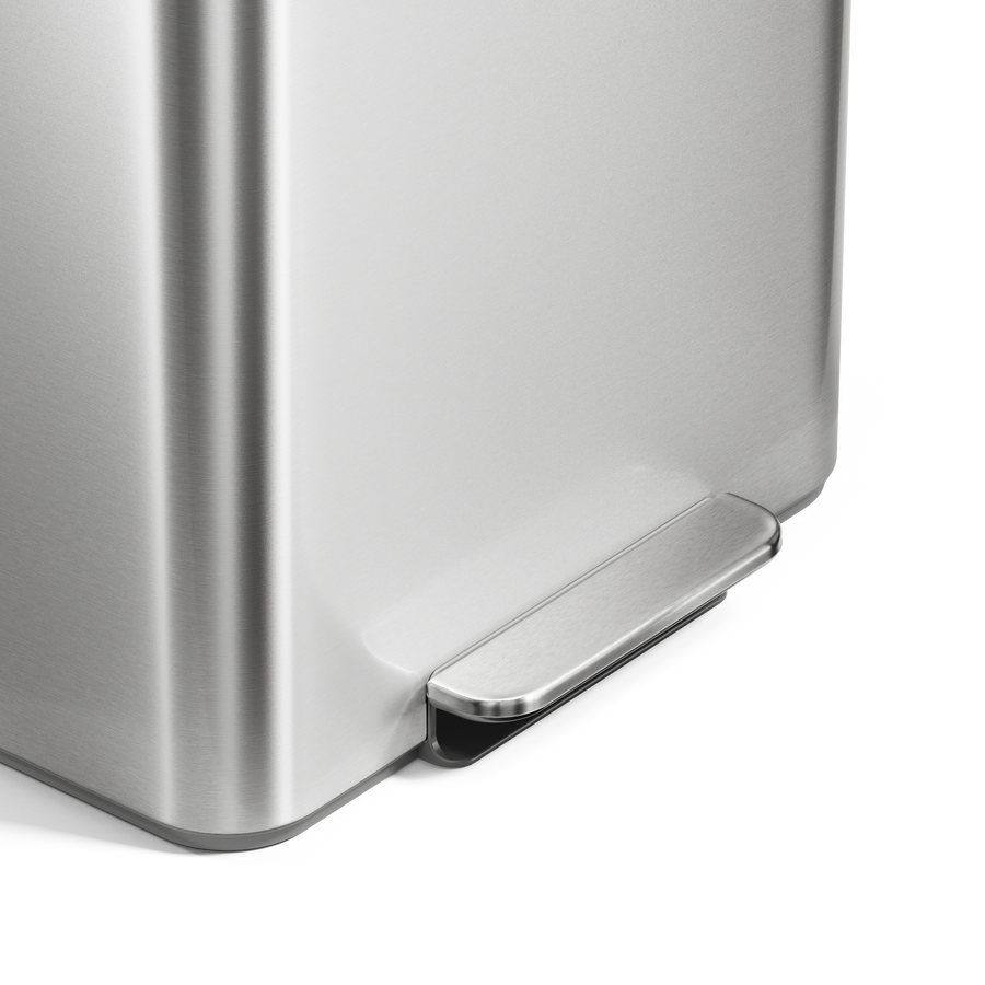 Simplehuman's Brushed 30L Step Recycler, close up of pedal. 