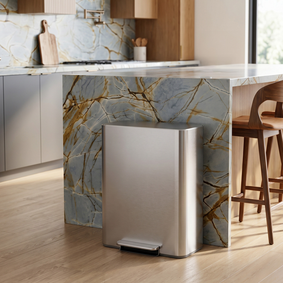 Simplehuman's Brushed 30L Step Recycler in a modern kitchen setting with blue marble countertops and wooden cabinets. 