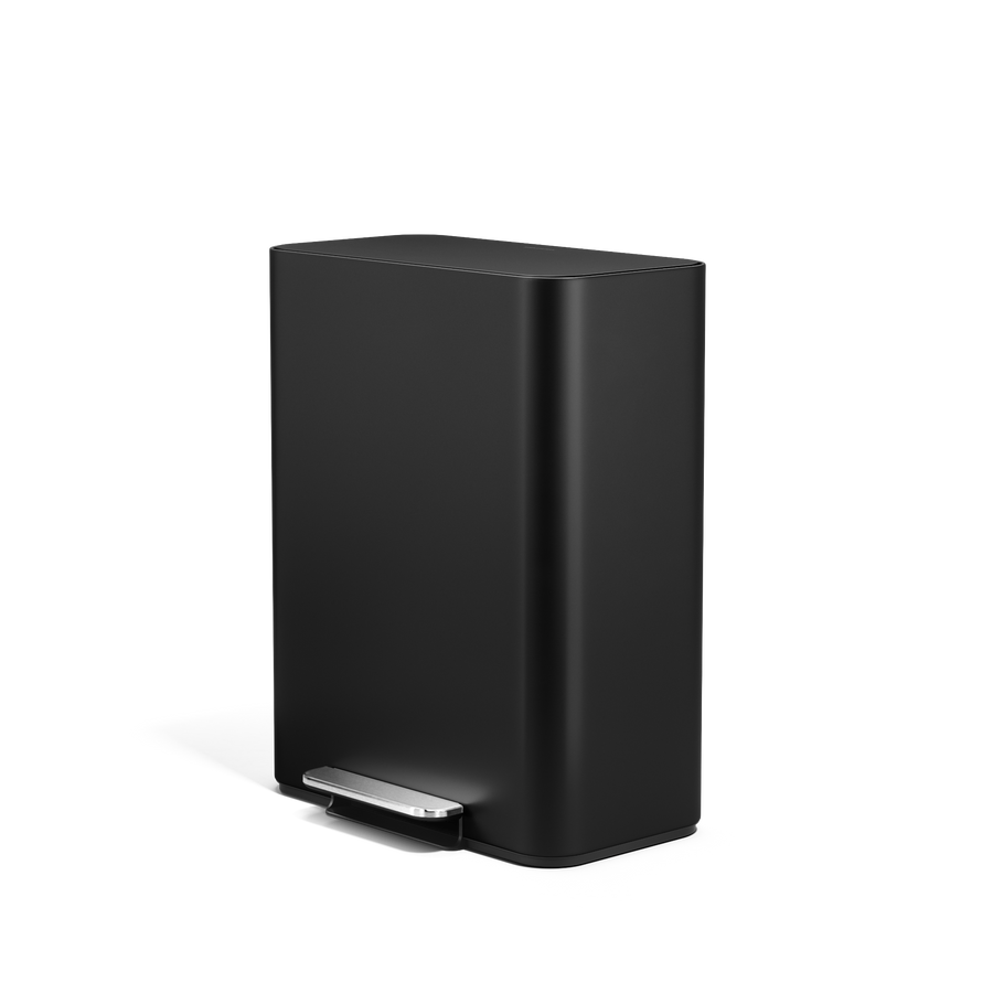 Simplehuman's Matte Black 30L Step Recycler, side view. 