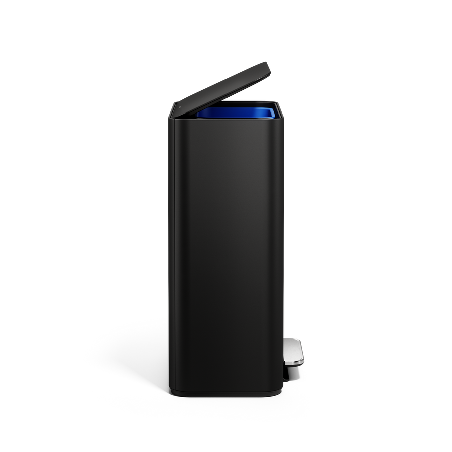 Simplehuman's Matte Black 30L Step Recycler, side view. 